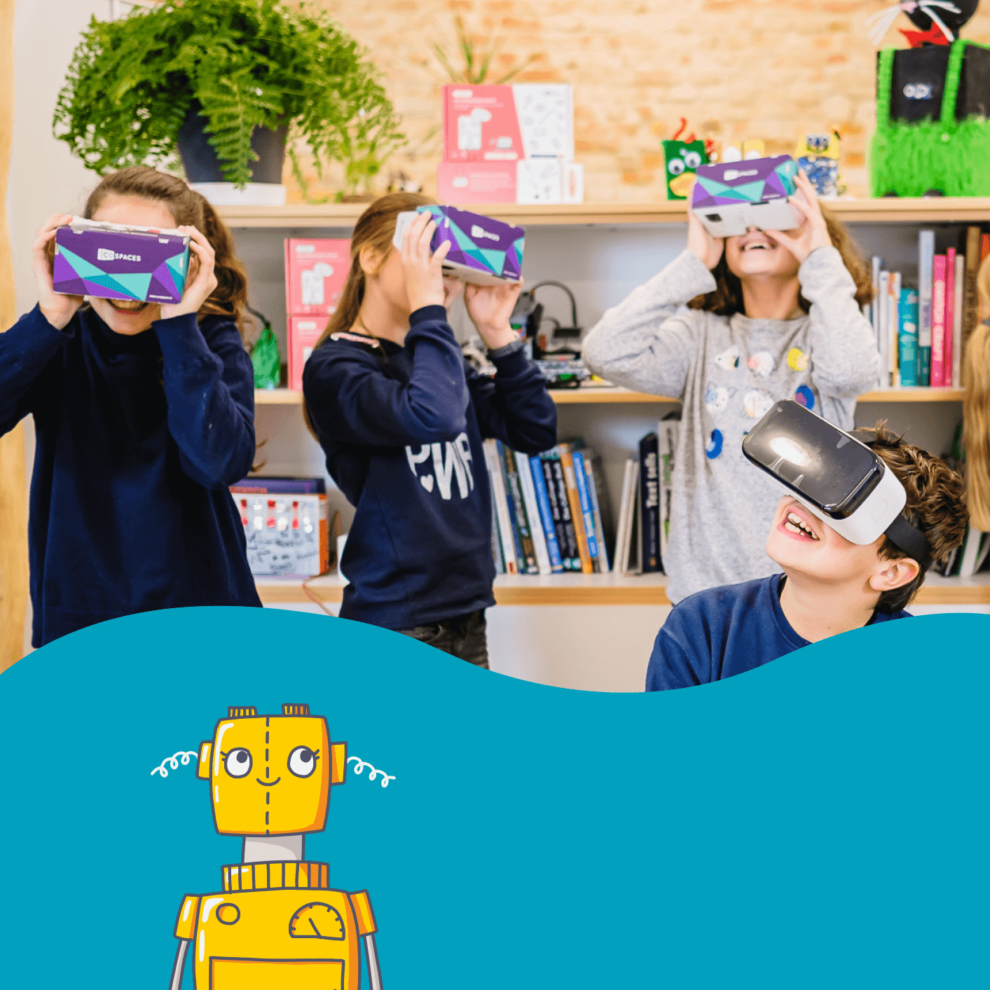 Vier Kinder schauen in VR-Brillen