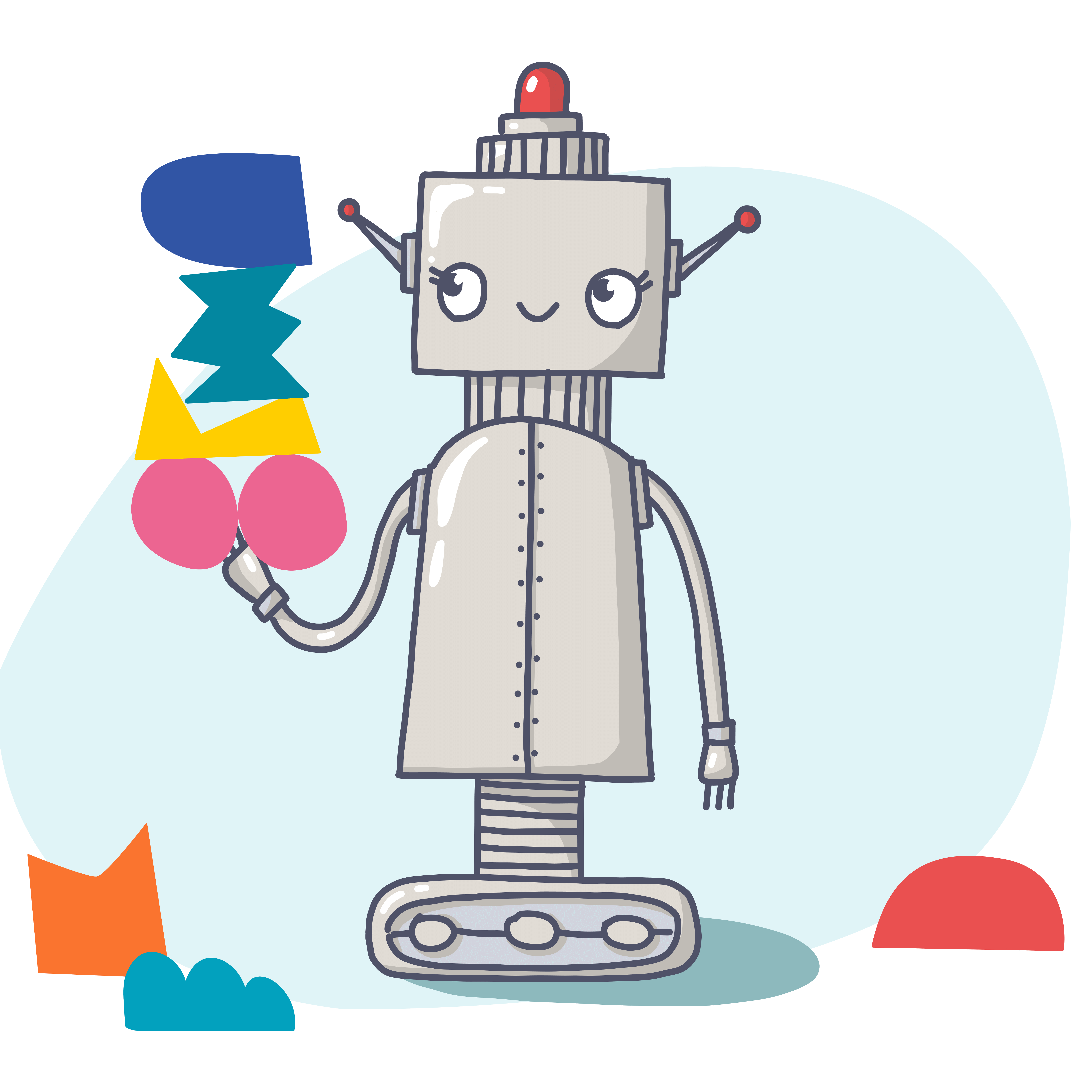 Header Ansatz, Illustration eines Roboters, der abstrakte bunte Formen in der Hand hält