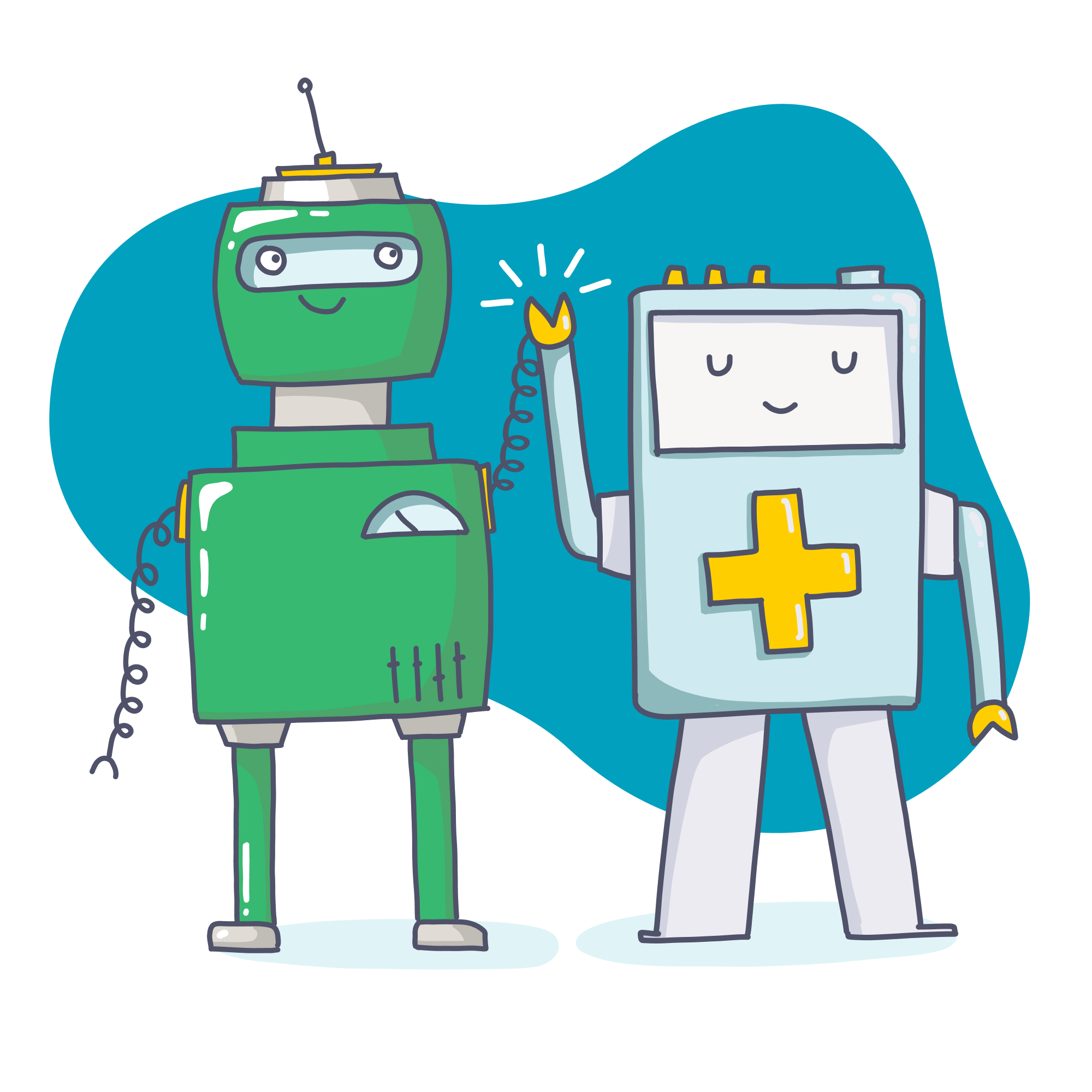 Header Partner und Kooperationen, Illustrationen aus zwei Robotern, die sich einen Handschlag geben, im Hintergrund eine Petrol Farbe