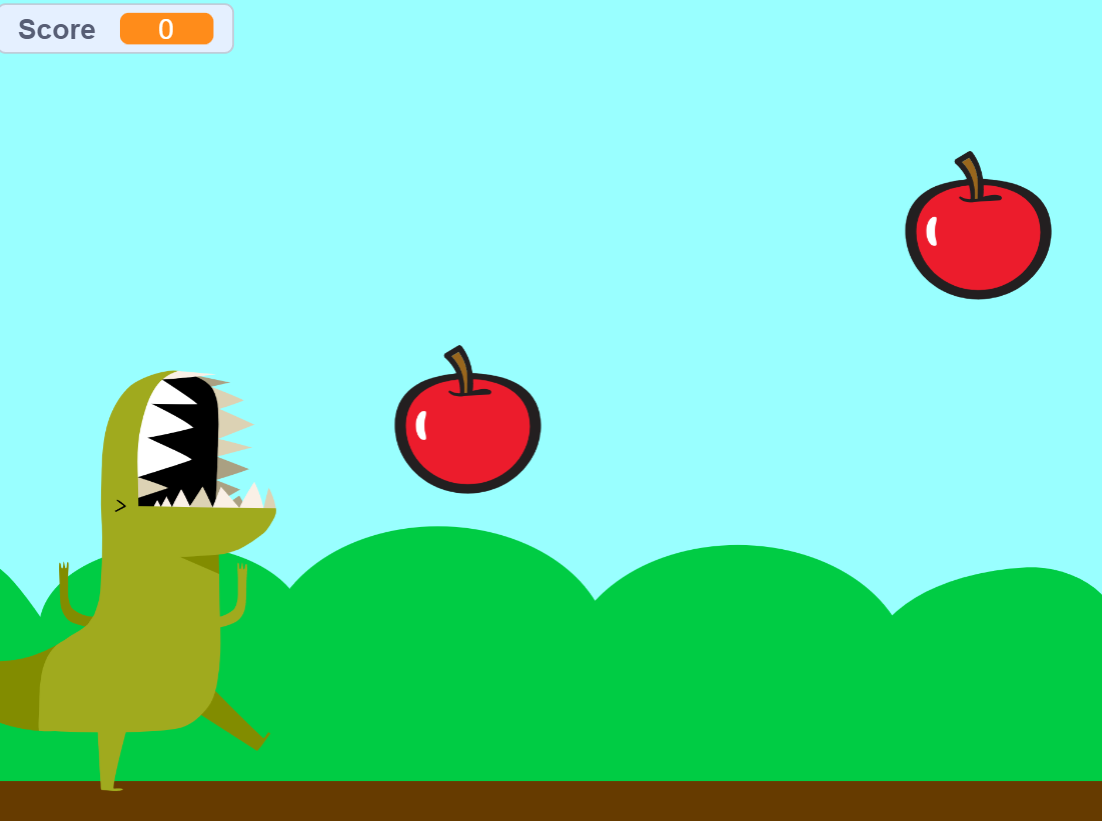 Screenshot einer Speiloberfläche. Ein Dino mit offenem Maul steht auf einer Wiese. In der Luft fliegen Äpfel herum. In der oberen linken Ecke ist ein Punkte-Zähler eingeblendet.