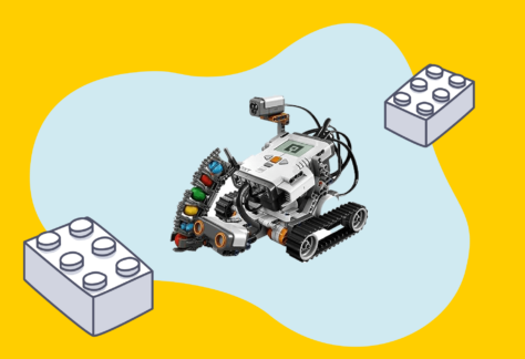 Teaser LEGO EV3 Roboter, gelber Hintergrund, hellblaue organische Form, umgeben von Illustrationen von LEGO