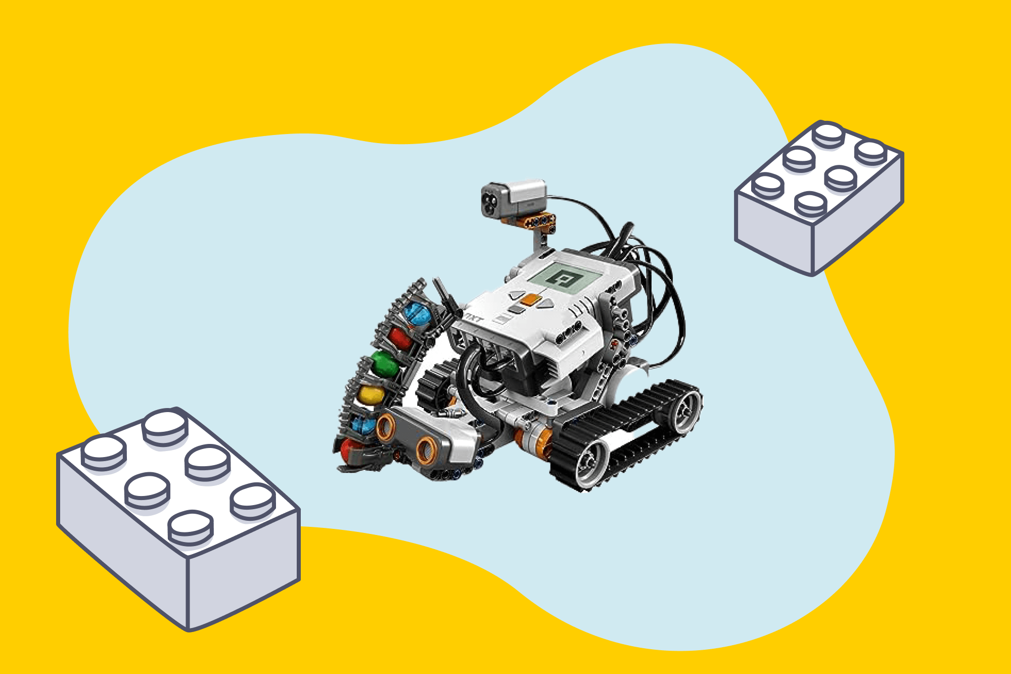 Teaser LEGO EV3 Roboter, gelber Hintergrund, hellblaue organische Form, umgeben von Illustrationen von LEGO