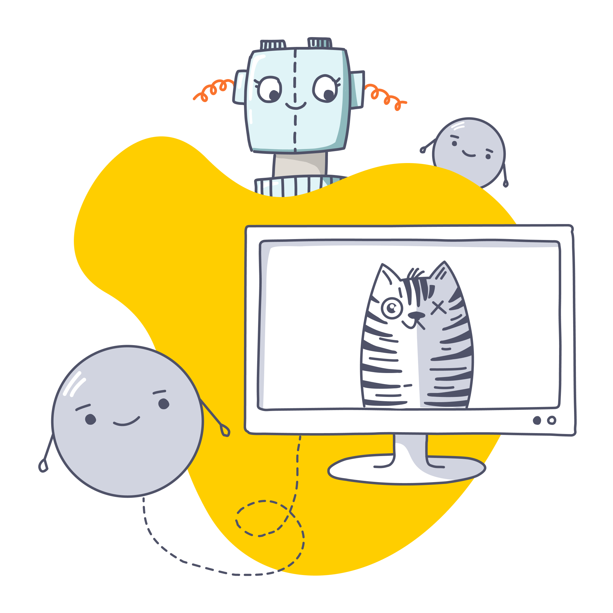 Header Quanten und KI, Illustration eines Roboters, der hinter einer gelben, organischen Form liegt, Quanten fliegen durch das Bild, Computer mit Katze auf dem Bildschirm