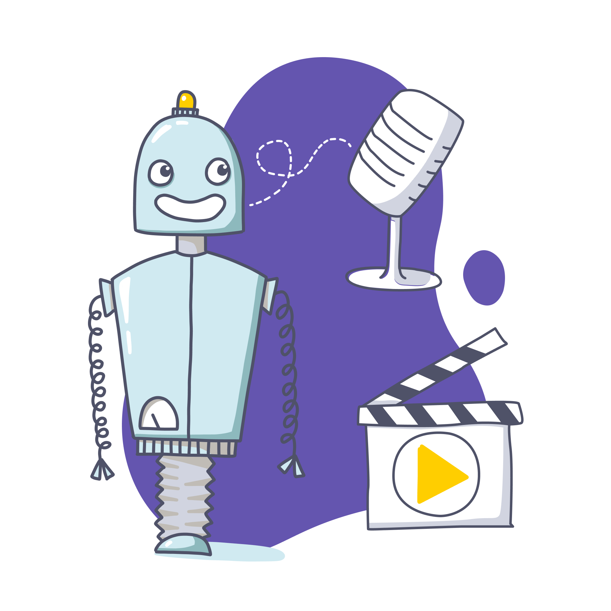 Illustration für Video und Animation, Roboter lächelnd, Mikrofon und Regieklappe vor einer lila organischen Form