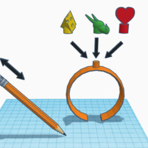 Auf Der Arbeitsfläche Der 3D-Modellierungs-Software Tinkercad Ist Ein Bleistift Zu Sehen, Auf Dem Am Ende Eine Figur Aufgesteckt Ist. Daneben Ist Ein Ring, Über Dem Weitere Steck-Aufsätze Schweben. Die Aufsätze Sind Ein Herz, Ein Tier, Ein Stück Käse.