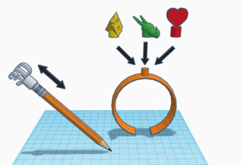 Auf der Arbeitsfläche der 3D-Modellierungs-Software Tinkercad ist ein Bleistift zu sehen, auf dem am Ende eine Figur aufgesteckt ist. Daneben ist ein Ring, über dem weitere Steck-Aufsätze schweben. Die Aufsätze sind ein Herz, ein Tier, ein Stück Käse.
