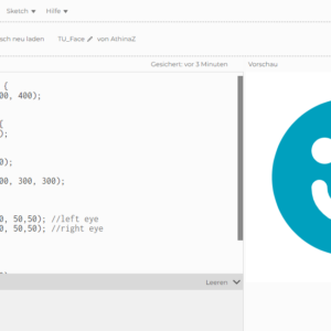 Screenshot der Software p5.js. In der linken Bildhälfte ist JavaScript Code zu sehen, rechts daneben der grafische Output - ein türiser Smiley.