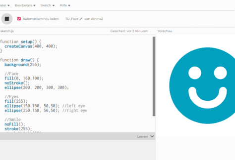 Screenshot der Software p5.js. In der linken Bildhälfte ist JavaScript Code zu sehen, rechts daneben der grafische Output - ein türiser Smiley.