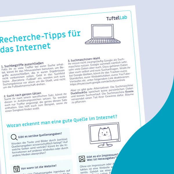 Tueftellab Kurskachel Lernmaterial Arbeitsblatt Recherchetippsfuerdasinternet