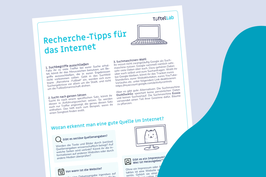 Tueftellab Kurskachel Lernmaterial Arbeitsblatt Recherchetippsfuerdasinternet