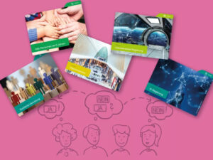 Illustrierte Kinder Die Diskutieren Zu Zukunftsthemen, Die Auf Karten Stehen