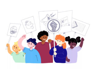 Illustrierte Kinder Auf Einer Demo. Sie Tragen Plakate Mit Der Friedenstaube, Wahlzettel, Megaphone Etc.