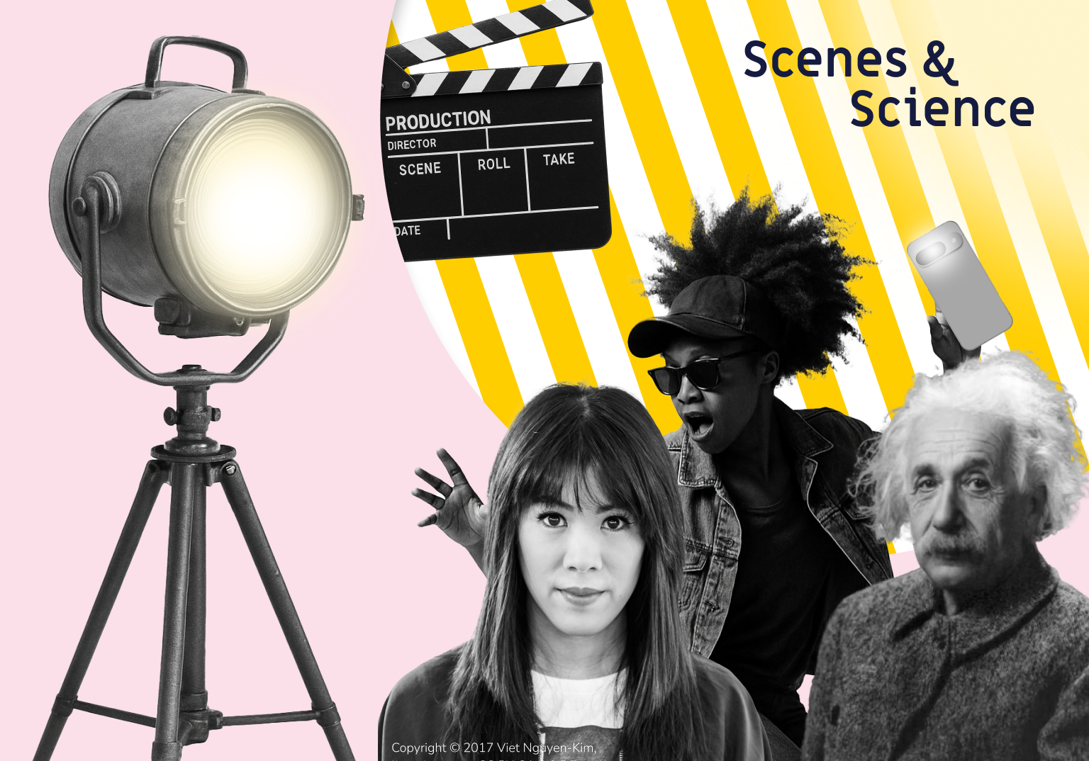 Workshop Ankündigungsbild mit Stativ, Licht, Handykamera und Figuren aus Film und Wissenschaft