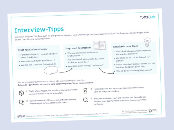 Tueftellab Kurskachel Lernmaterial Arbeitsblatt Interviewtipps Kursuebersichtsseite 1