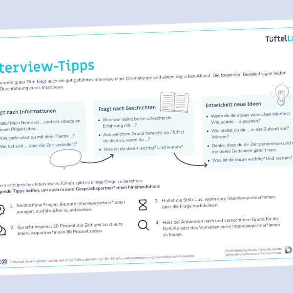 Tueftellab Kurskachel Lernmaterial Arbeitsblatt Interviewtipps Kursuebersichtsseite 1