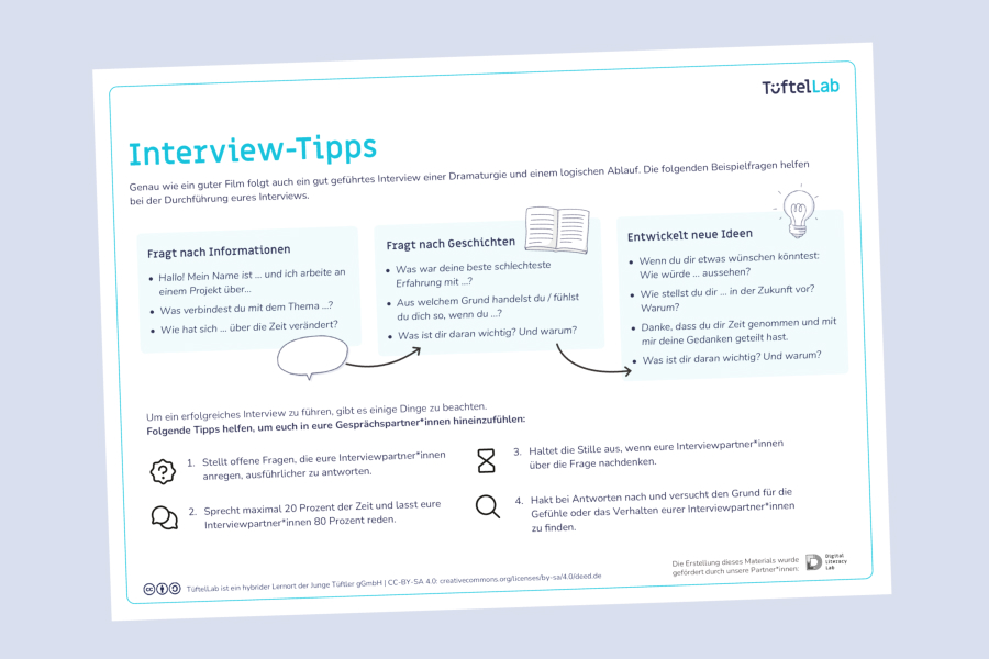 Tueftellab Kurskachel Lernmaterial Arbeitsblatt Interviewtipps Kursuebersichtsseite 1