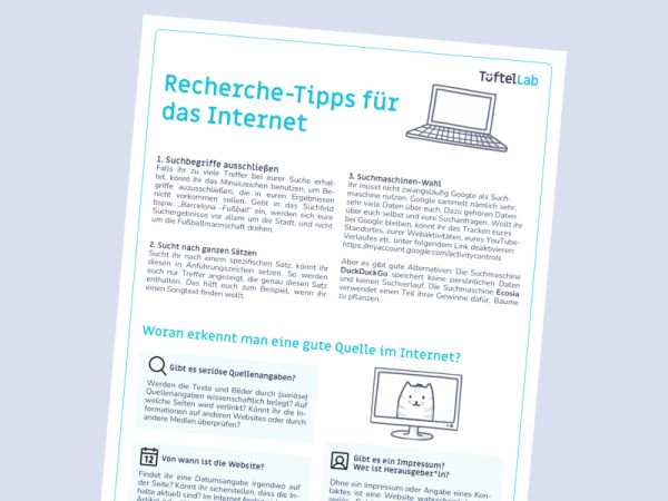Tueftellab Kurskachel Lernmaterial Arbeitsblatt Recherchetippsfuerdasinternet Kursuebersichtsseite 1