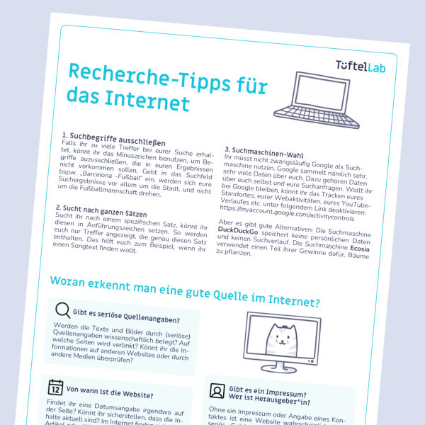 Tueftellab Kurskachel Lernmaterial Arbeitsblatt Recherchetippsfuerdasinternet Kursuebersichtsseite 1