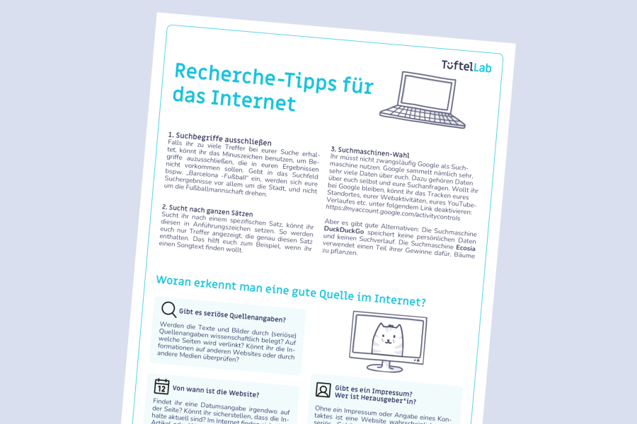Tueftellab Kurskachel Lernmaterial Arbeitsblatt Recherchetippsfuerdasinternet Kursuebersichtsseite 1