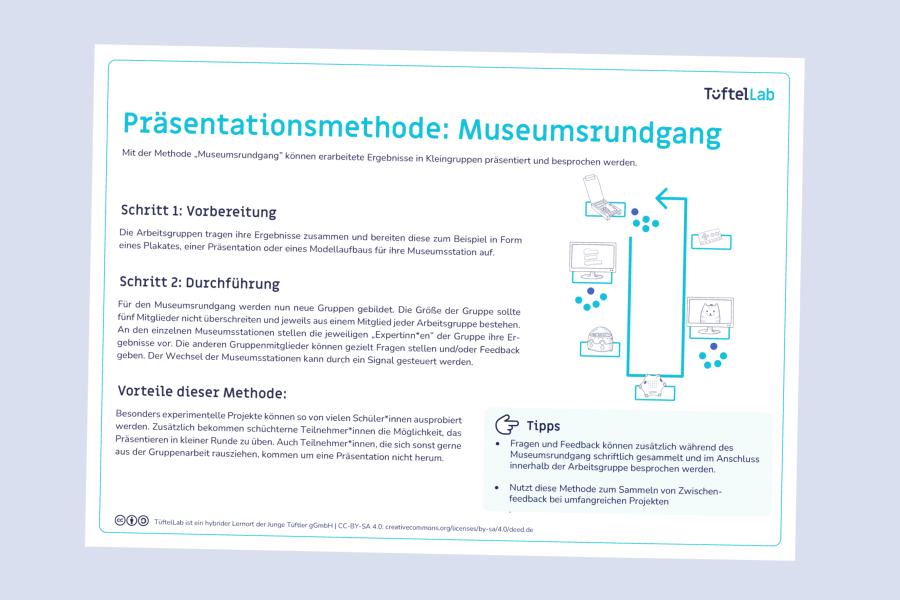 Tueftellab Kurskachel Lernmaterial Informationsblatt Praesentationsmethoden Kursuebersichtsseite 1